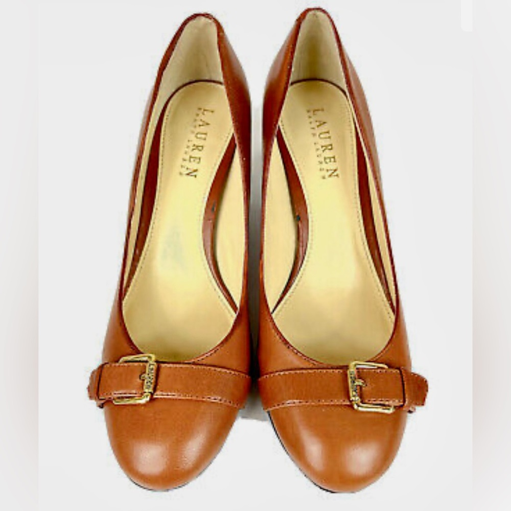 Lauren Ralph Lauren Womens Brown Leather Heels With Gold Buckle